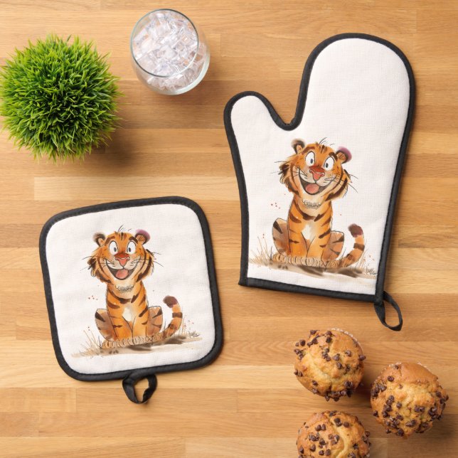 A Smile Tiger  Oven Mitt & Pot Holder Set (Top Down)