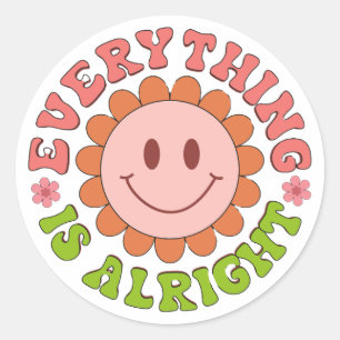 A smiling face with a flower and the words everyth classic round sticker