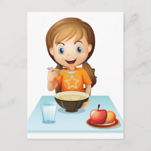 A smiling girl eating her breakfast postcard