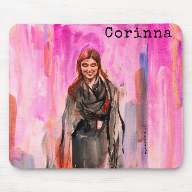 A Smiling Girl in Black, pink background Mouse Pad (Front)