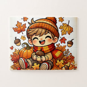 A smiling kid holding an acorn on Autumn Jigsaw Puzzle