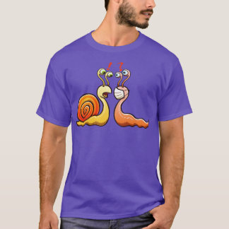 A snail carrying its shell and a slug wearing a fa T-Shirt