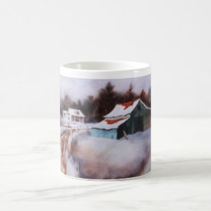 A snow covered country road with a turquoise barn  coffee mug