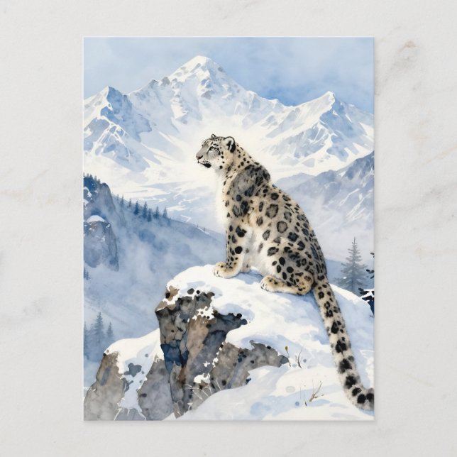 A Snow Leopard on a Snowy Mountain Peak Postcard (Front)
