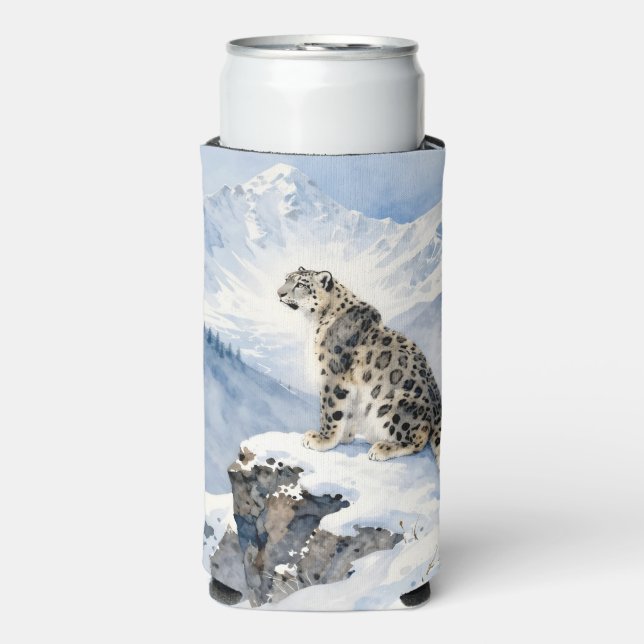 A Snow Leopard on Snowy Peak Personalized Seltzer Can Cooler (Seltzer Front)