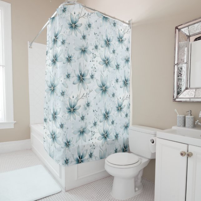 A snowflake winter event decor shower curtain (In Situ)