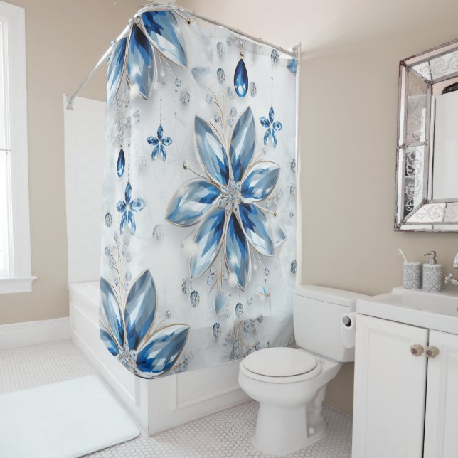 A snowflake winter event decor shower curtain (In Situ)