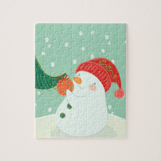 A snowman hanging an ornament on a tree jigsaw puzzle (Vertical)