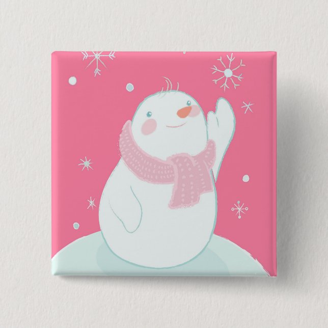 A snowman reaching for a falling snowflake 15 cm square badge (Front)