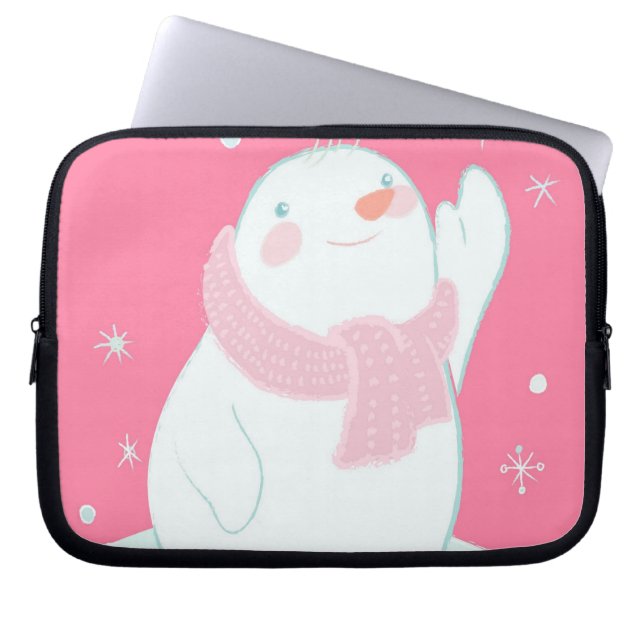 A snowman reaching for a falling snowflake laptop sleeve (Front)