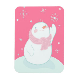 A snowman reaching for a falling snowflake magnet
