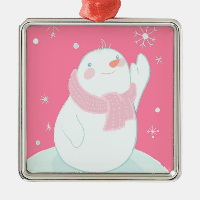 A snowman reaching for a falling snowflake metal tree decoration (Front)