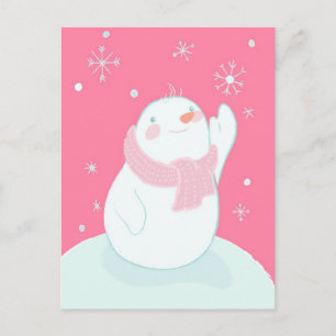 A snowman reaching for a falling snowflake postcard