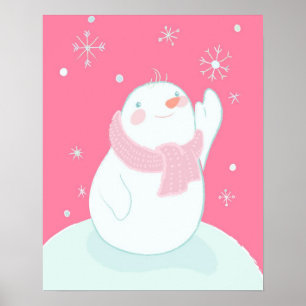 A snowman reaching for a falling snowflake poster