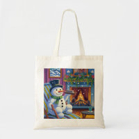 A snowman sits on a chair by fireplace chrismas