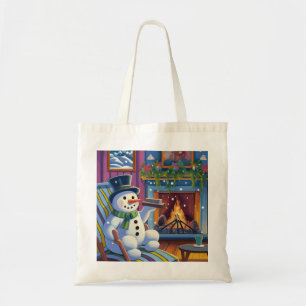 A snowman sits on a chair by fireplace chrismas tote bag