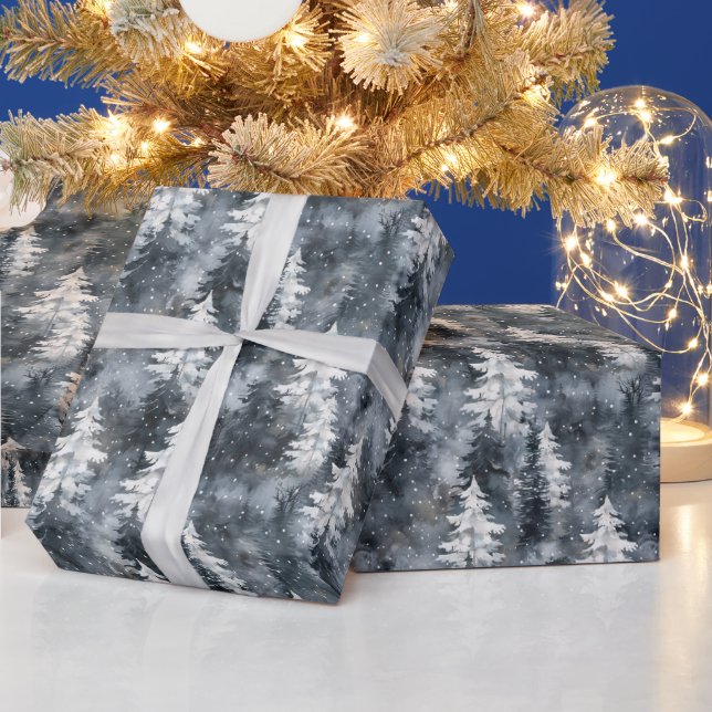 A Snowy Forest W/ Dark Blue Trees Wrapping Paper (Holidays)