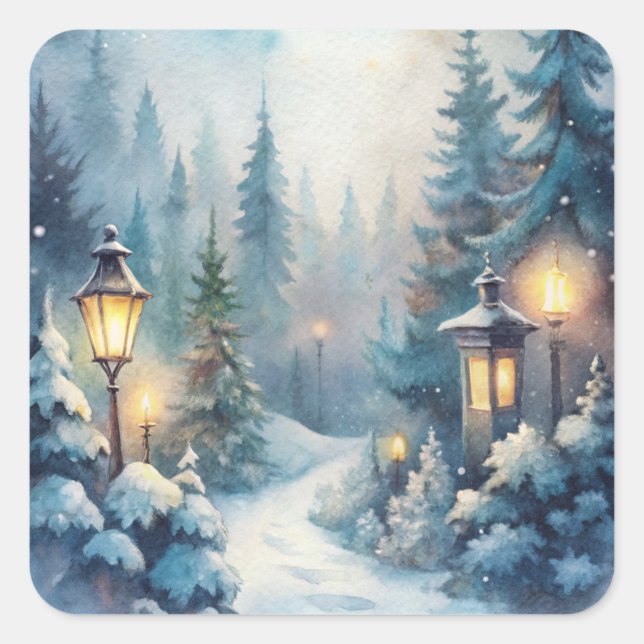 A Snowy Winter Scene Square Sticker (Front)