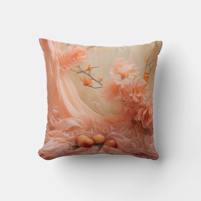 A soft, pinkish-orange hue called Peach Fuzz Throw Cushion (Front)