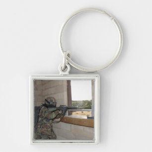 A soldier acts as an opposition force key ring