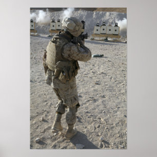 A soldier engages his target on a shooting rang poster