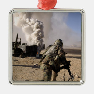 A Soldier reacts to a controlled explos Metal Ornament