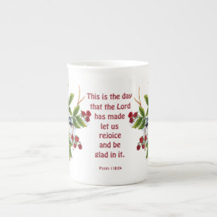 a songbird in a berry bush with scripture bone chi bone china mug
