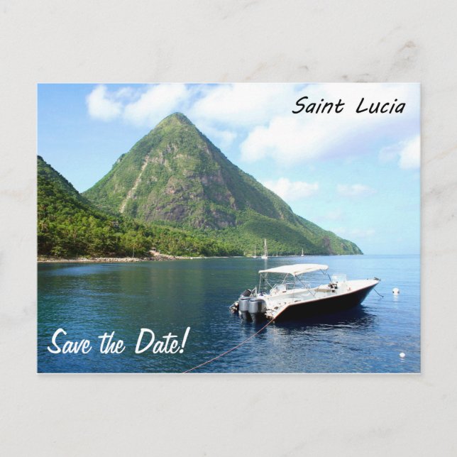 A speedboat in front of the Pitons in Saint Lucia Announcement Postcard (Front)