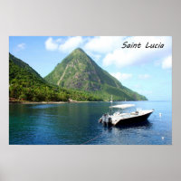A speedboat in front of the Pitons in Saint Lucia
