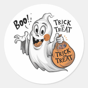 A spooky ghost with a goofy smile classic round sticker