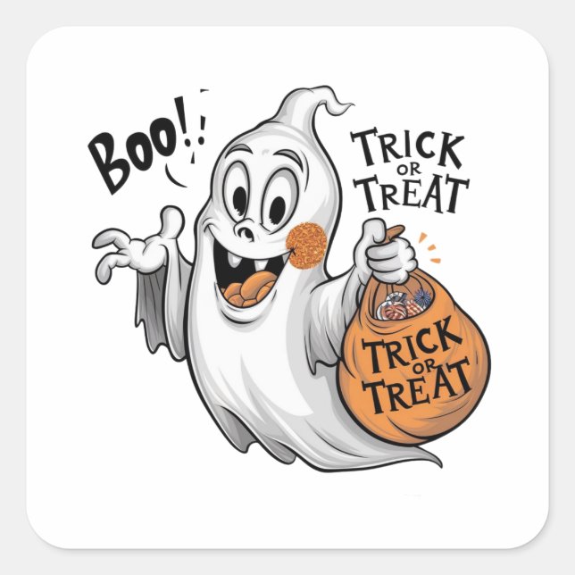 A spooky ghost with a goofy smile square sticker (Front)