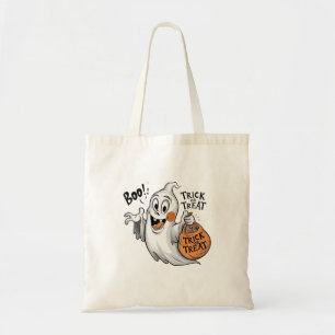 A spooky ghost with a goofy smile tote bag