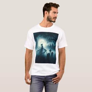 a spooky scene of a woman ghost in a graveyard T-Shirt