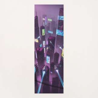 A sprawling neon metropolis seen from above  yoga mat