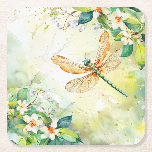 A Spring Dragonfly Square Paper Coaster (Front)