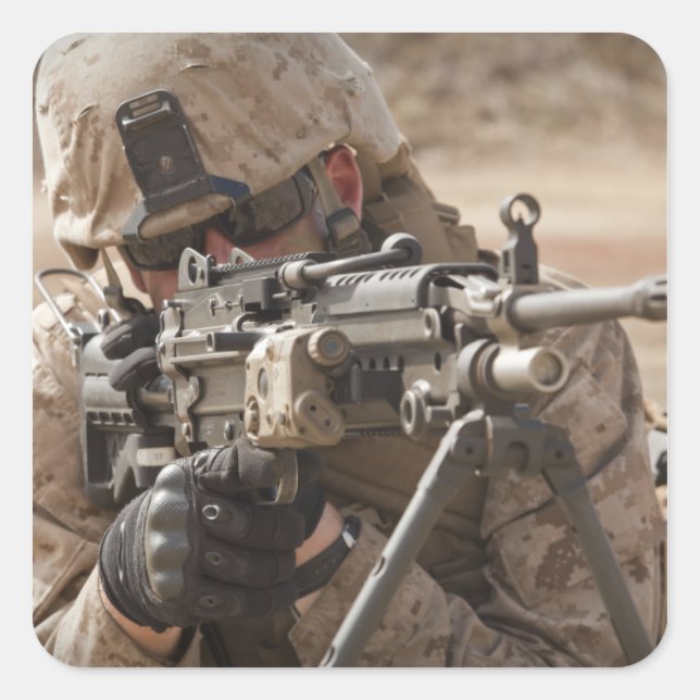 A squad automatic weapon gunner provides securi square sticker (Front)