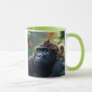 A squirrel climbs on the head of a gorilla. mug