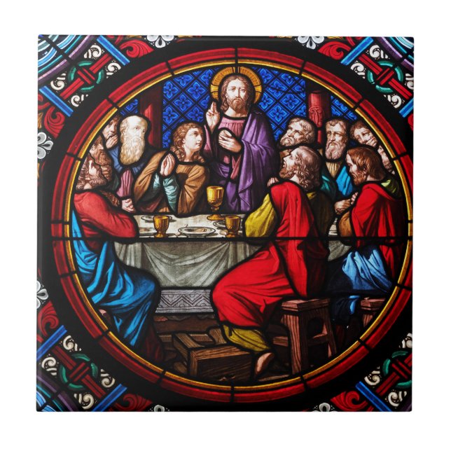 A stained glass image of the last supper ceramic tile (Front)