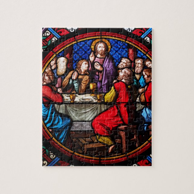 A stained glass image of the last supper jigsaw puzzle (Vertical)