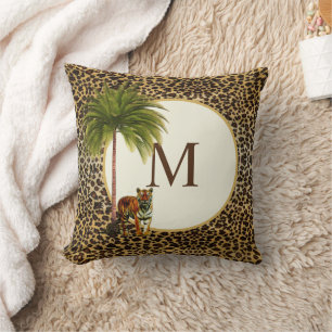A Standing tiger on a leopard pattern Monogram Cushion