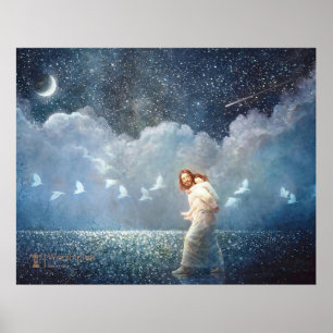 A Starry Night and Christ, Modern Christian Art Poster