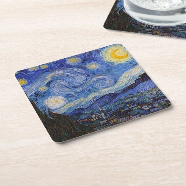 A Starry Night: Saint Remy by Vincent Van Gogh Square Paper Coaster (Angled)