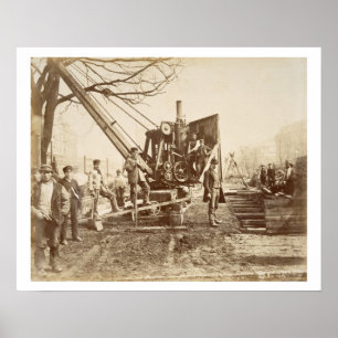 A steam crane in operation during the building of poster