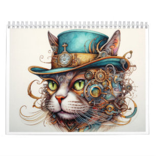 A steampunk calendar with a cat