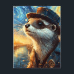 A Steampunk Otter in The Starry Night Postcard<br><div class="desc">AI generated art of an otter in a starry night city along a river wearing a steampunk hat and suit</div>