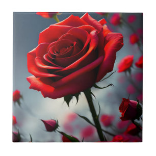 "A Stem in Bloom: The Ruby Rose" Ceramic Tile
