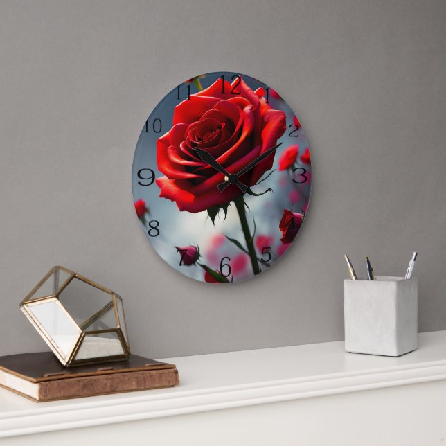 "A Stem in Bloom: The Ruby Rose" Large Clock (Office)