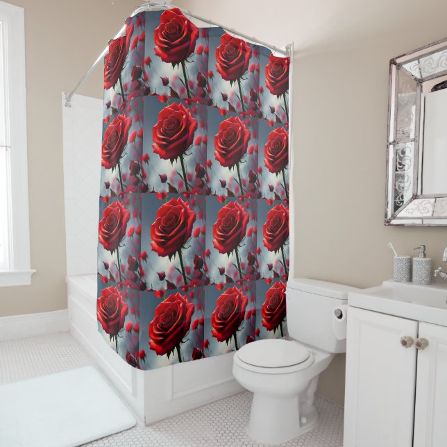"A Stem in Bloom: The Ruby Rose" Shower Curtain (In Situ)