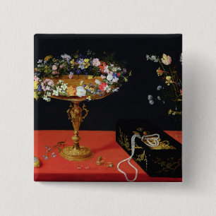 A Still Life of a Tazza with Flowers 15 Cm Square Badge