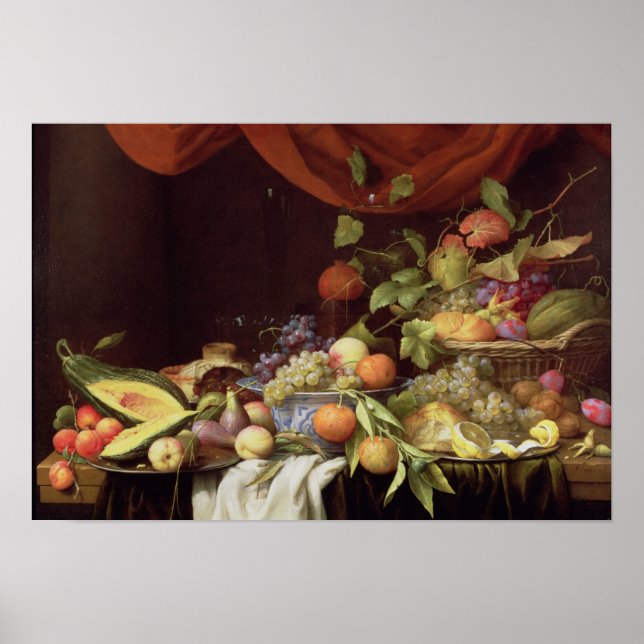 A Still Life of Fruit on a Draped Ledge Poster (Front)